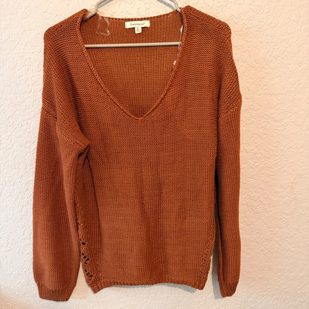 Francescas V-Neck Pointelle Knit Sweater Size L Rust Orange Boho Autumn Cozy